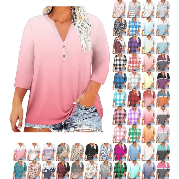 Danhjin Plus Size Tops for Women 3/4 Sleeve Print V Neck Pullover Gradient Color Shirts Graphic Lightweight Casual Comfy Loose Fashion Going out Blouses