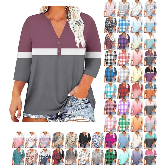 Danhjin Plus Size Tops for Women 3/4 Sleeve Print V Neck Pullover Color Block Shirts Graphic Lightweight Casual Comfy Loose Fashion Going out Blouses