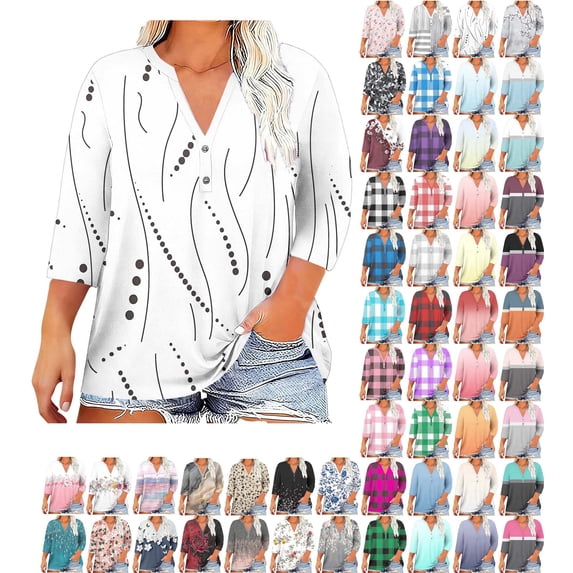 Danhjin Plus Size Tops for Women 3/4 Sleeve Print V Neck Pullover Shirts Graphic Lightweight Casual Comfy Loose Fashion Going out Blouses
