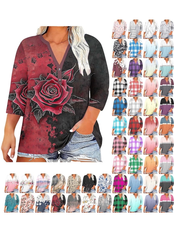 Plus Size Tops for Women 3/4 Sleeve Print V Neck Pullover Shirts Graphic Lightweight Casual Comfy Loose Fashion Going out Blouses
