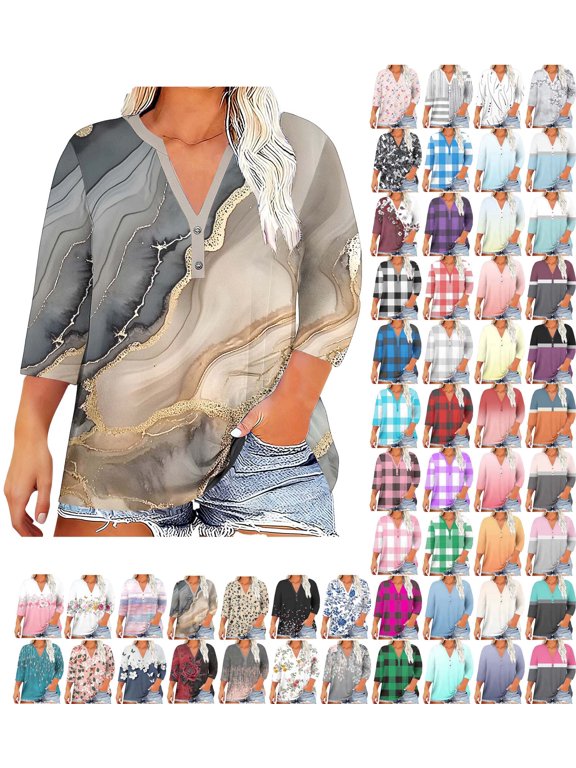 Plus Size Tops for Women 3/4 Sleeve Print V Neck Pullover Shirts Graphic Lightweight Casual Comfy Loose Fashion Going out Blouses