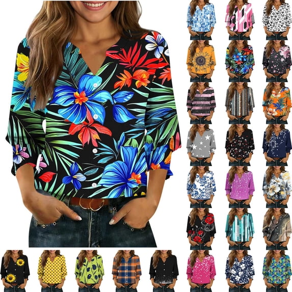 Danhjin Print Button Down Shirts for Women 3/4 Sleeve Loose Colorful Fashion Shirts Casual Going out Fall Summer Spring Tops