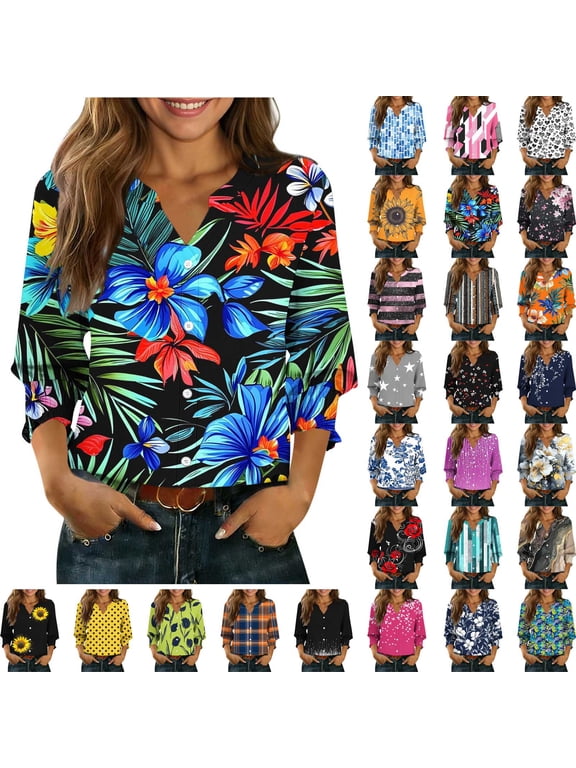 Print Button Down Shirts for Women 3/4 Sleeve Loose Colorful Fashion Shirts Casual Going out Fall Summer Spring Tops