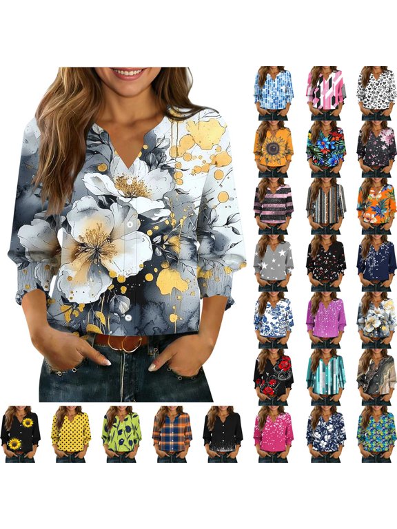 Print Button Down Shirts for Women 3/4 Sleeve Loose Colorful Fashion Shirts Casual Going out Fall Summer Spring Tops