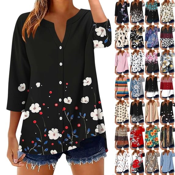 Danhjin Print Button Down Shirts for Women 3/4 Sleeve Loose Fashion Shirts Casual Going out Fall Summer Spring Tops