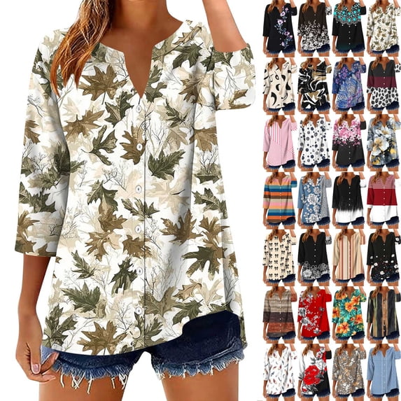 Danhjin Print Button Down Shirts for Women 3/4 Sleeve Loose Fashion Shirts Casual Going out Fall Summer Spring Tops