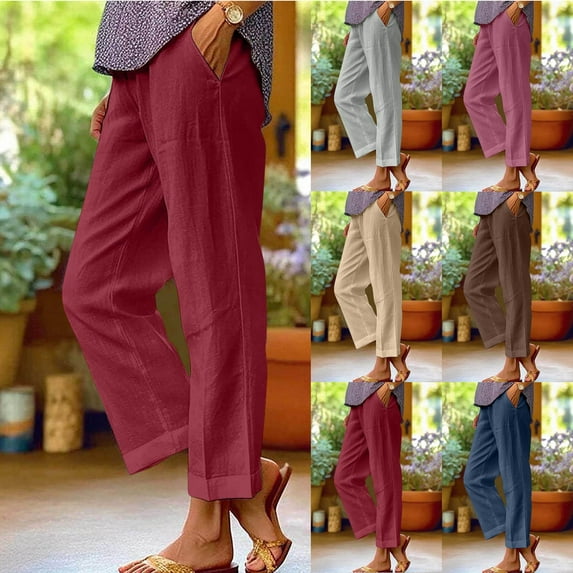 Danhjin Red Linen Pants Women Joggers Wide Leg Pants Lightweight Drawstring e Lastic High Waist Outdoor Pants Loose Fits Summer Solid Color Trousers with Pockets