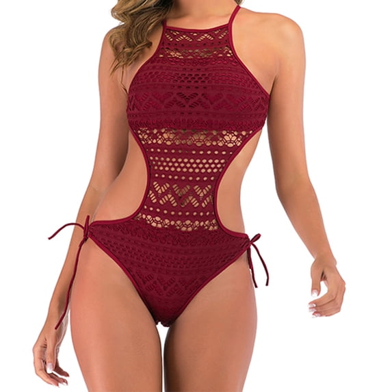 Danhjin Red Monokini Swimsuits for Women 1 Piece Set String Ties up Hollow out Swimwear Swimming Summer Beach Bathing Cute Attractive Swim Suits