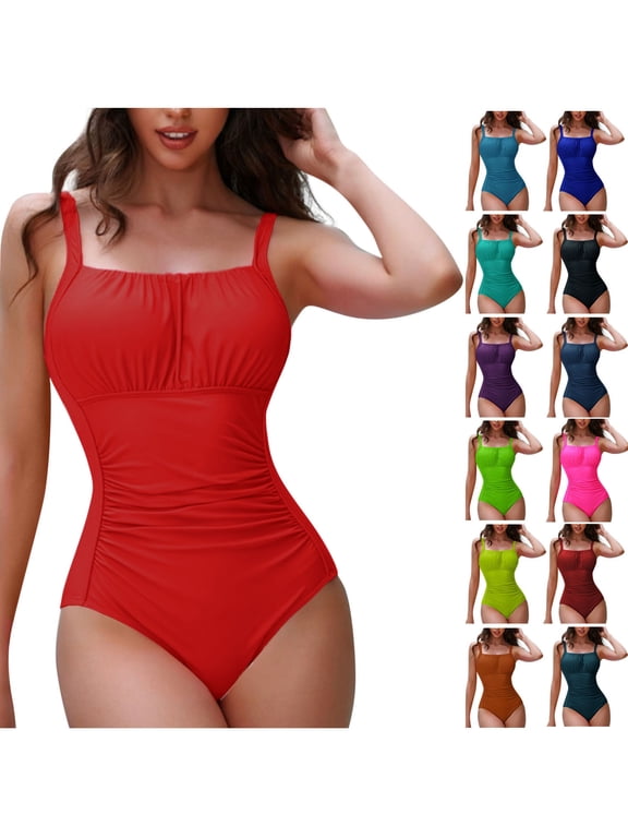 Red Women Ruched Swimsuits 1 Piece Set Solid Color Surfing Swimming Swimwear Slim Tummycontrol Squares Neck Beach Summer Bathing Swim Suits