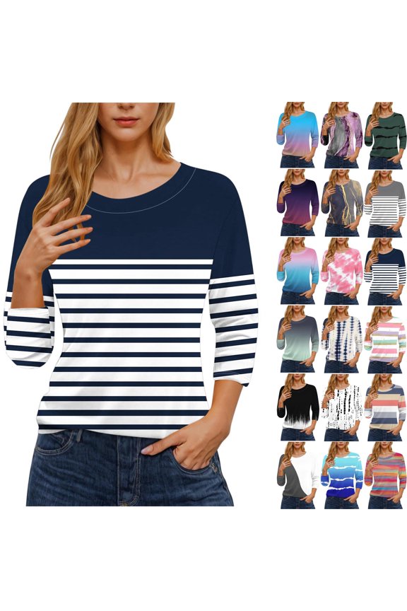 S-5XL Shirts for Women Plus Size Striped 3/4 Sleeve Crew Neck Color Block Fashion Pullover Tops Summer Fall Spring Casual Loose Blouses