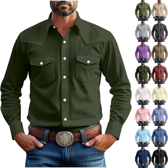 Danhjin S-5XL Western Shirts for Men Button Down Cotton Long Sleeve Collar Casual Solid Color Plus Size Tops Fashion Going out Working Comfy Soft Shirs with Chest Pockets