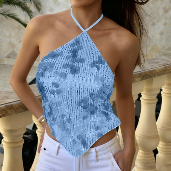 Danhjin Sequin Halter Top for Women Sleeveless Solid Color Crop Backless Summer Casual Camisole Sparkly Shirts Spring Lightweight Going Out Fashion Soft Glitter Top