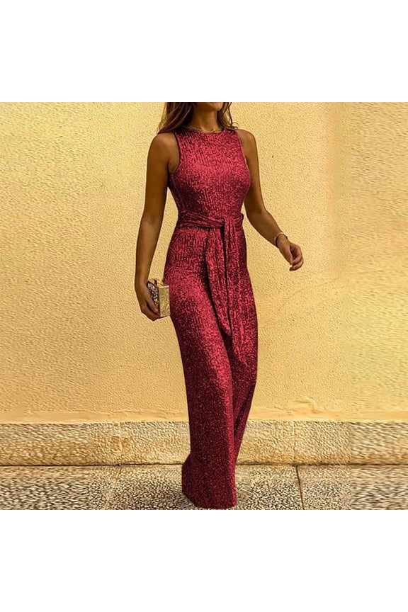 Danhjin Sexy Jumpsuits for Women Elegant Clubwear Deep Cerw Neck Wide Leg Pants Long Sleeve Rompers Sparkly Jumpsuits with Belt on