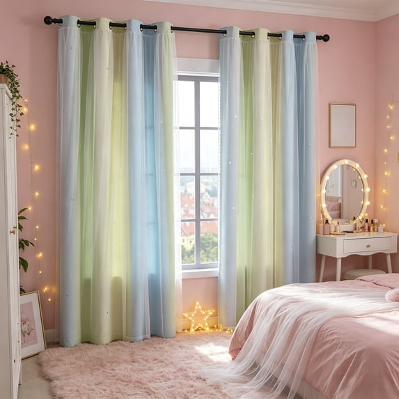 Danhjin Sheer Curtains for Living Room Blackout, 2PC Colorful Starry Sky Curtains for Bedroom and Wall Decor
