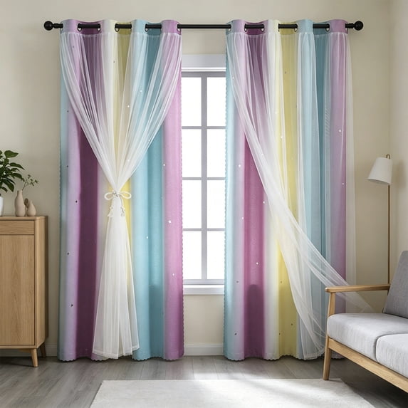 Danhjin Sheer Curtains for Living Room Blackout, 2PC Colorful Starry Sky Curtains for Bedroom and Wall Decor