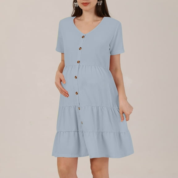 Danhjin Shirt Dress for Maternity Button Down Solid Color V Neck Short Sleeve Dress with Collar and Waistband Holiday Vacation Going Out Comfy Outfit Fashion Thin Dress