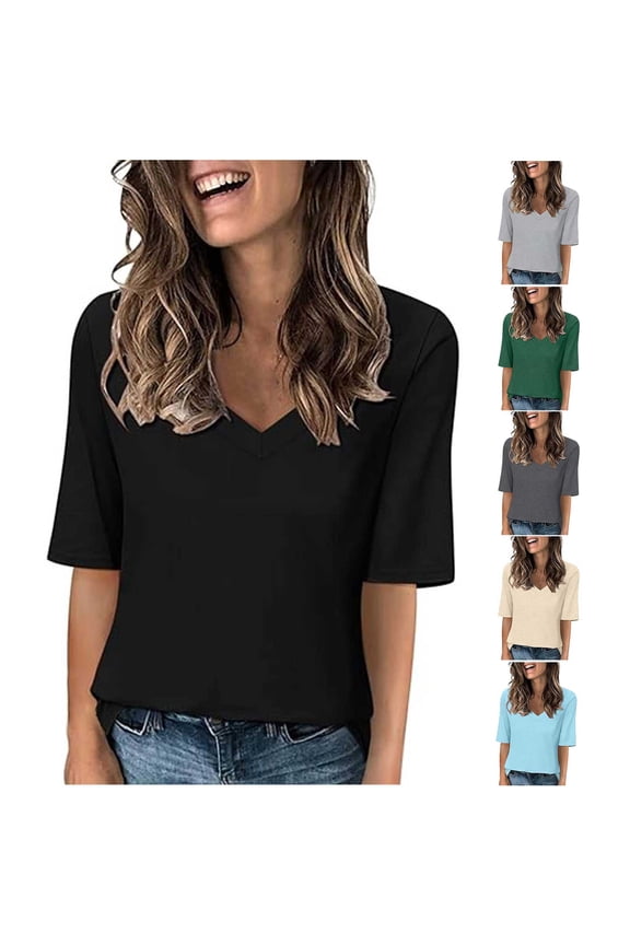 Shirts for Women Half Sleeve V Neck Solid Color Fashion Pullover Tops Fall Summer Spring Beach Vacation Loose Blouses Casual T Shirts