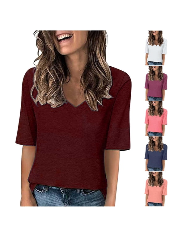 Shirts for Women Half Sleeve V Neck Solid Color Fashion Pullover Tops Fall Summer Spring Beach Vacation Loose Blouses Casual T Shirts