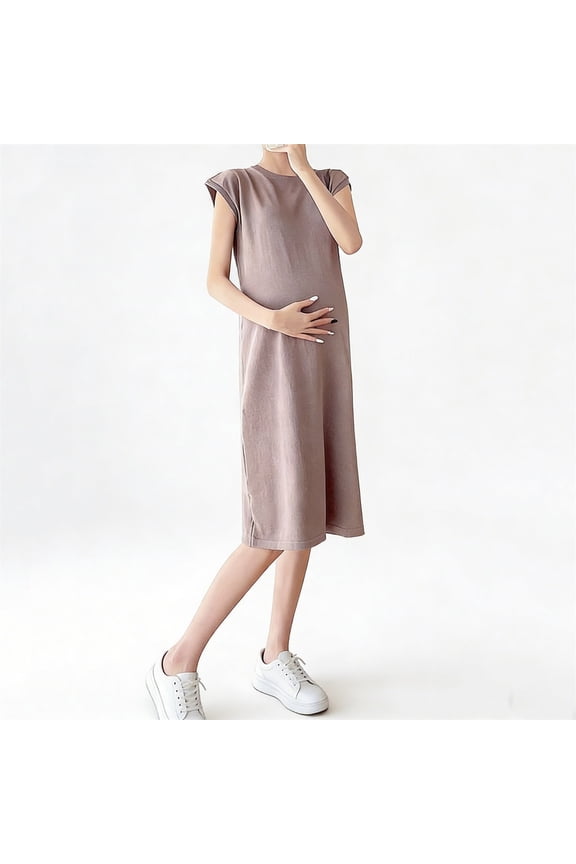 Short Sleeve Maternity Dress Solid Color Ruched Crew Neck Casual Loose Pregnancy Dress Maternity Nightgown For Summer Daily