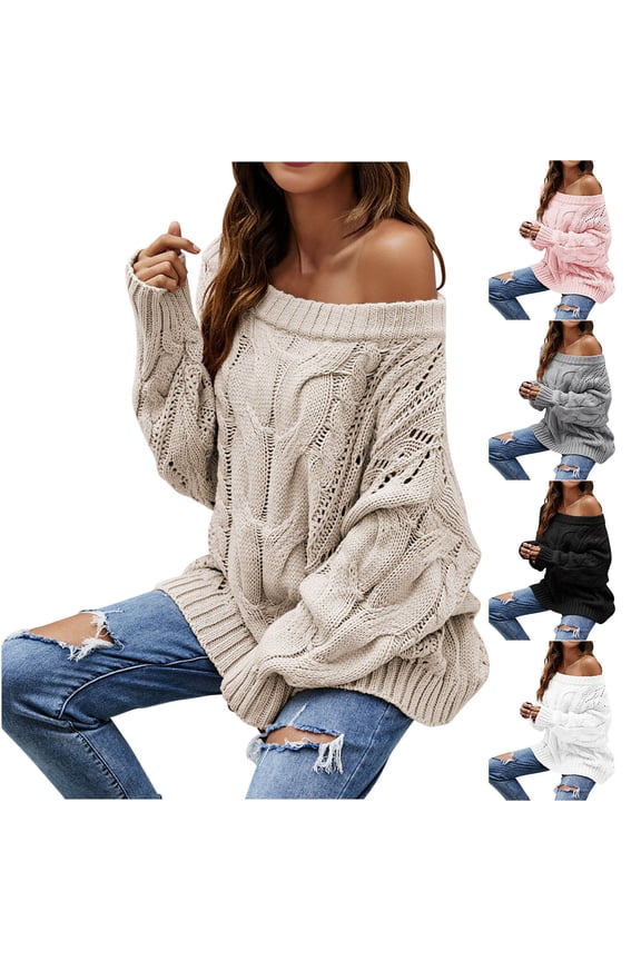 Off Shoulder Sweater Tops for Women Crochet Long Sleeve Fall Winter Pullover Oversized Shirts Fashion Comfy Soft Casual Cozy Loungewear Outdoor Knitwear Blouses