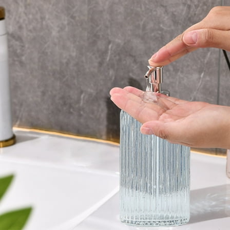 Danhjin Soap Dispenser, Glass Foaming Liquid Hand Soap Dispenser for Bathroom Kitchen, 420ml Operated Shampoo Conditioner Dispenser with Pump, Modern Countertop Decor