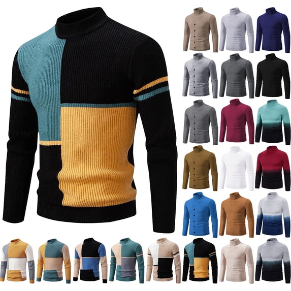 Danhjin Solid Sweater Tops for Men Turtleneck Color Block Slim Casaul Fall Winter Warm Pullover Shirts Long Sleeve Comfy Soft Loungewear Outdoor T Shirts Blouses