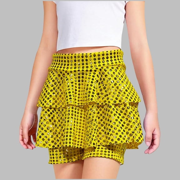 Danhjin Sparkle Sequin Skort for Girls Kids Elastic High Waist Layer Ruffle Skirt Dance Outfit Party Scooter Skorts for 3-15Y
