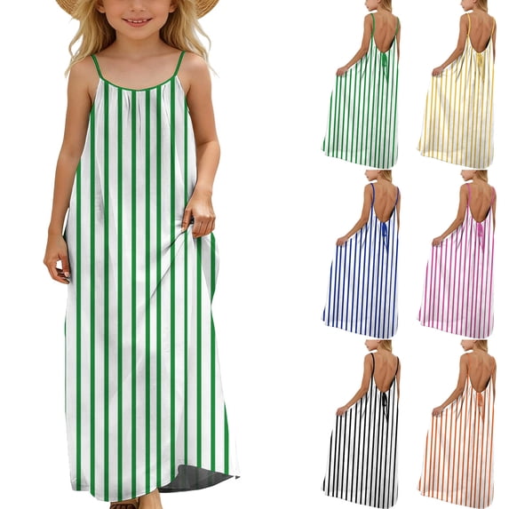 Danhjin Striped Dress for Kids Girls Backless Casual Summer Outdoor Cute Lightweight Long Dress with Back Adjustable Ties Spaghetti Straps Flowy Beach Sun Spring Fashion Outfit, for 5 to 13 Years