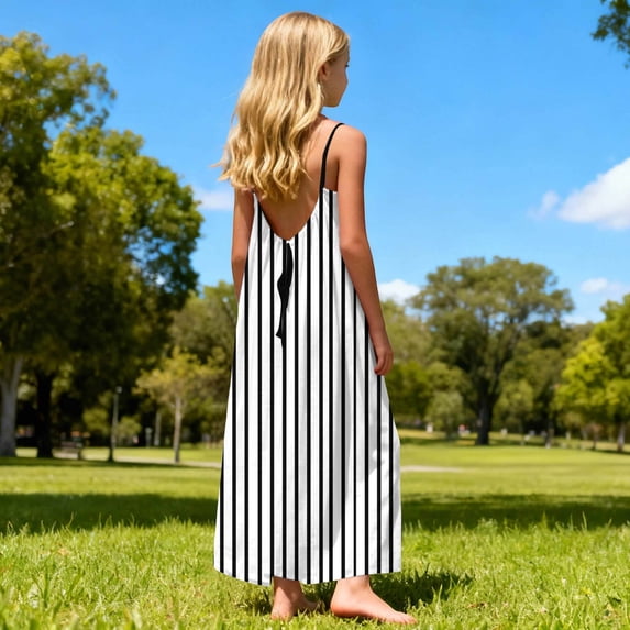Danhjin Striped Dress for Kids Girls Backless Casual Summer Outdoor Cute Lightweight Long Dress with Back Adjustable Ties Spaghetti Straps Flowy Beach Sun Spring Fashion Outfit, for 5 to 13 Years