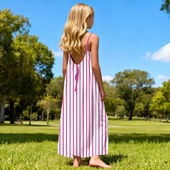 Danhjin Striped Dress for Kids Girls Backless Casual Summer Outdoor Cute Lightweight Long Dress with Back Adjustable Ties Spaghetti Straps Flowy Beach Sun Spring Fashion Outfit, for 5 to 13 Years