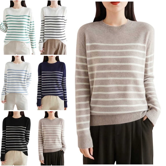 Danhjin Striped Sweater Tops for Women Fuzzy Long Sleeve Fall Winter Pullover Stretchy Shirts Fashion Comfy Soft Casual Cozy Loungewear Outdoor Knitwear Blouses