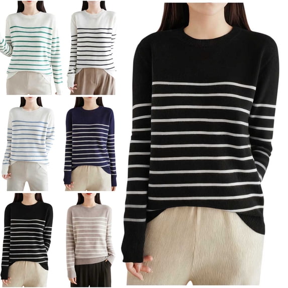 Danhjin Striped Sweater Tops for Women Fuzzy Long Sleeve Fall Winter Pullover Stretchy Shirts Fashion Comfy Soft Casual Cozy Loungewear Outdoor Knitwear Blouses
