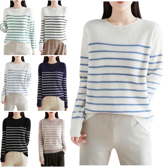 Danhjin Striped Sweater Tops for Women Fuzzy Long Sleeve Fall Winter Pullover Stretchy Shirts Fashion Comfy Soft Casual Cozy Loungewear Outdoor Knitwear Blouses