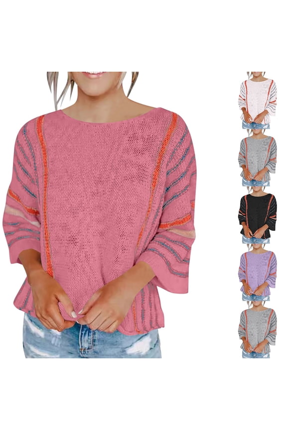 Striped Tops for Women Hollow out 3/4 Sleeve Crew Neck Pullover Shirts Lightweight Casual Comfy Loose Fashion Going out Blouses