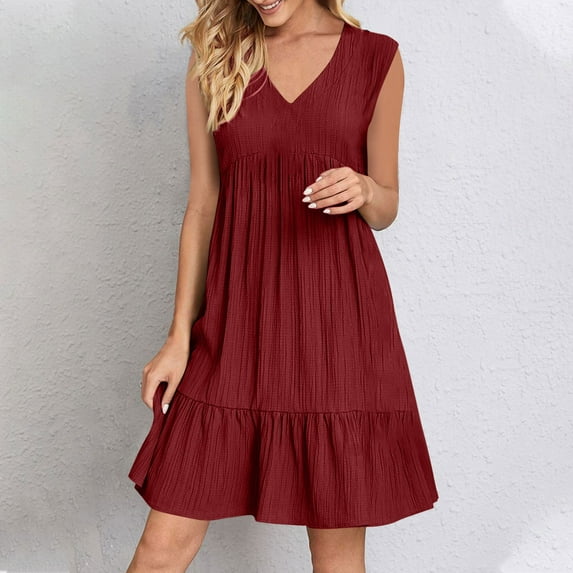 Danhjin Summer Dresses for Women Casual Sleeve Less V Neck Pleated Mini Sundress Loose Summer Fashion Elegant Solid Color Ruffle He M Skirt Vacation Dresses