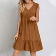 thumbnail image 1 of Danhjin Summer Dresses for Women Casual Sleeve Less V Neck Pleated Mini Sundress Loose Summer Fashion Elegant Solid Color Ruffle He M Skirt Vacation Dresses, 1 of 5