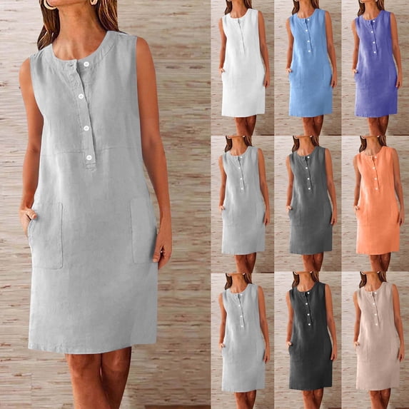 Kctiaxy Summer Dresses for Women Cotton Linen Cre W Neck Sleeve Less Tank Casual Front Button Dresses with Pockets