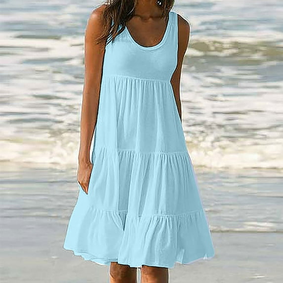 Danhjin Summer Dresses for Women Casual Solid Color Sleeveless Hem Flowy Tiered Beach Dress Party Midi Dress Sundresses