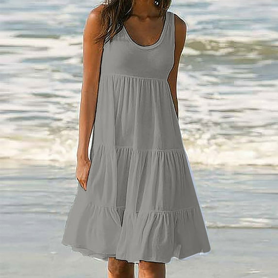 Danhjin Summer Dresses for Women Clearance Casual Solid Color Sleeveless Hem Flowy Tiered Beach Dress Party Midi Dress Sundresses