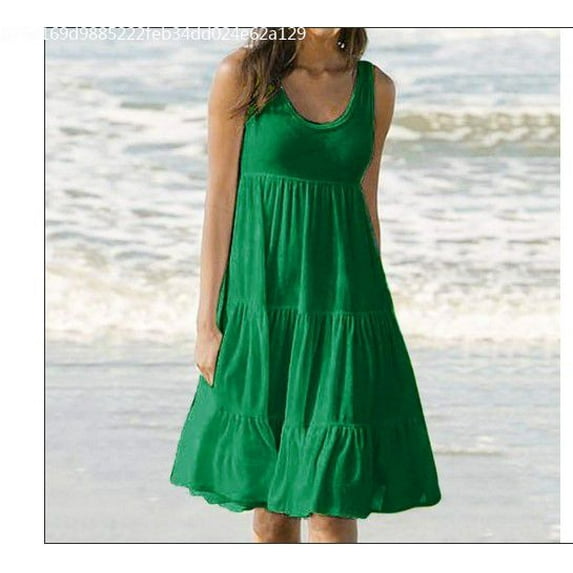 Danhjin Summer Dresses for Women Casual Solid Color Sleeveless Hem Flowy Tiered Beach Party Midi Dress Sundresses