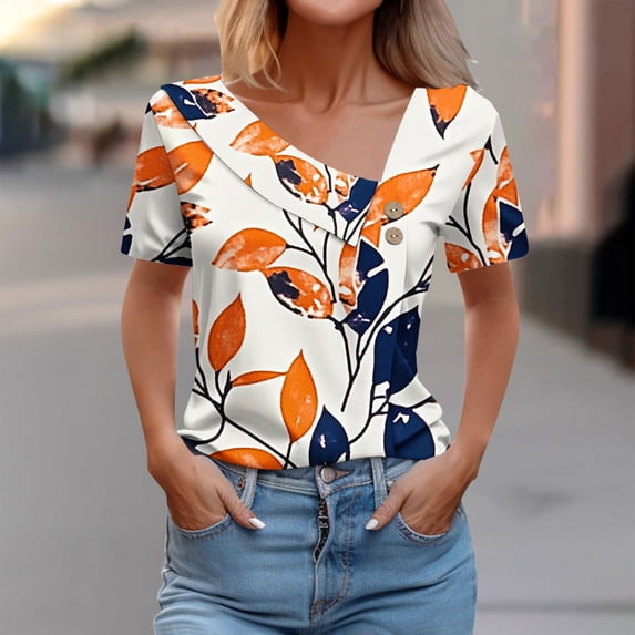 Danhjin Summer Floral T-Shirts For Womens Printed Loose Short Sleeve Basic Comfy Casual Tops V Neck T -Shirts Vacation Outfits Workout Tops Boho Blouses