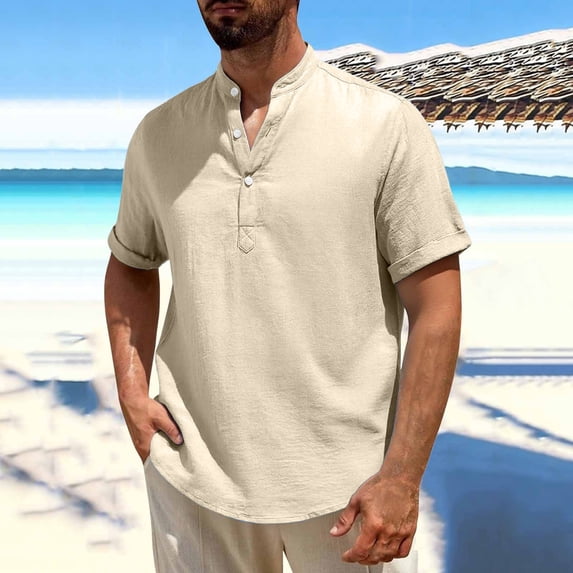 Danhjin Summer Linen T-Shirts for Men V Neck Collared Shirt Top Casual Short Sleeve Summer Fashion Spring Solid Color Beach Sun Shirt Comfy Blouse Going Out Tops with Button