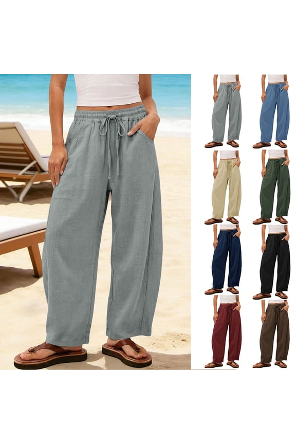 Summer Women's Linen Pants High Waisted Drawstring Straight Wide Leg Casual Loose Comfy Stretch Beach Pants With Pockets