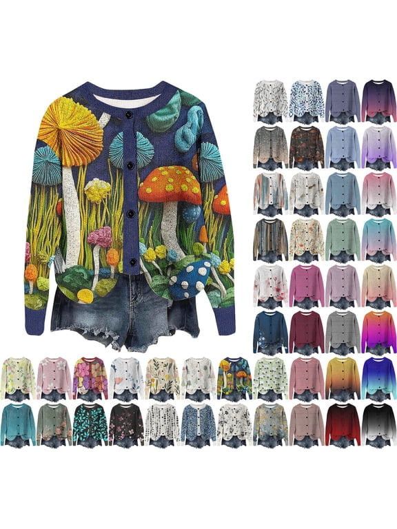 Sweater Cardigan for Women Print Button Down Fall Winter Fashion Knitted Stretchy Long Sleeve Casual Sweater Jackets