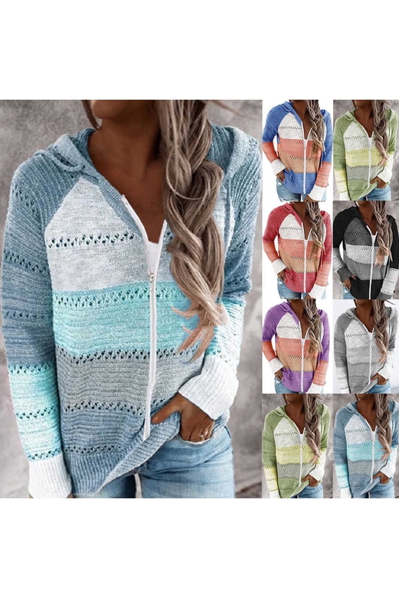 Sweater Cardigans for Women Knitted Hooded Long Sleeve Zip up Jackets Fall Winter Casual Comfy Stretchy Loose Color Block Outerwear
