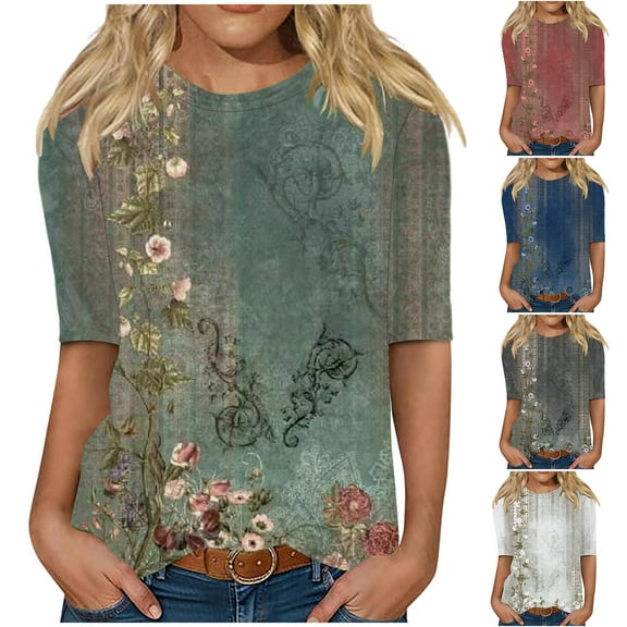 Danhjin T Shirts for Women Cre W Neck Half Sleeve Loose Fits Shirts Casual Printed Basic Tops