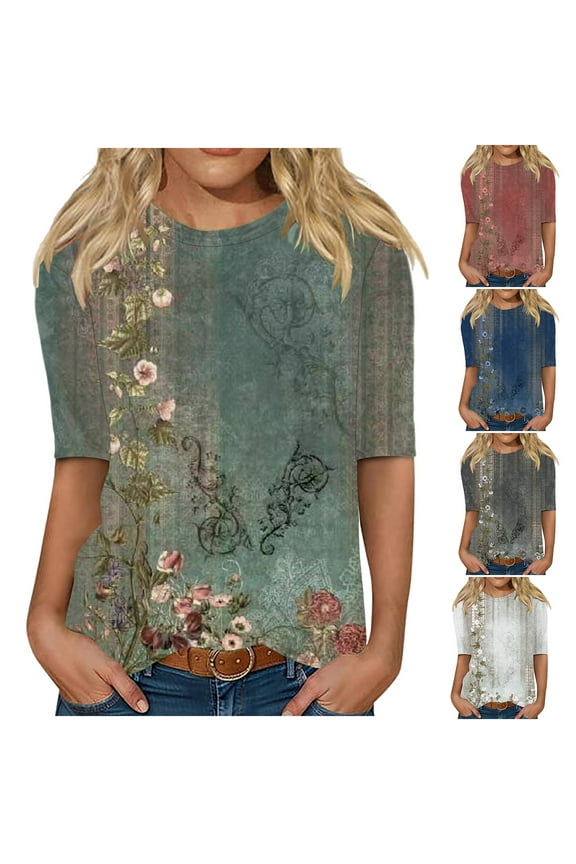 T Shirts for Women Cre W Neck Half Sleeve Loose Fits Shirts Casual Printed Basic Tops