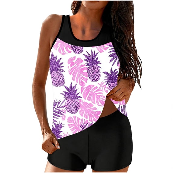 Danhjin Tankini Swimsuit for Women 2 Piece Set Tank Top and Short Graphic Swimwear Summer Beach Fashion Bathing Suits Set Cute Color Matching Attractive Swiming Sun Swim Suits