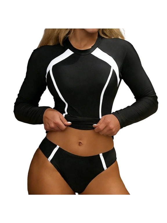 Tankini Swimsuit for Women Surfing 2 Piece Set Rashguard Long Sleeve Top Swimwear Summer Beach Fashion Bathing Suits Set Cute Color Matching Attractive Swiming Sun Swim Suits