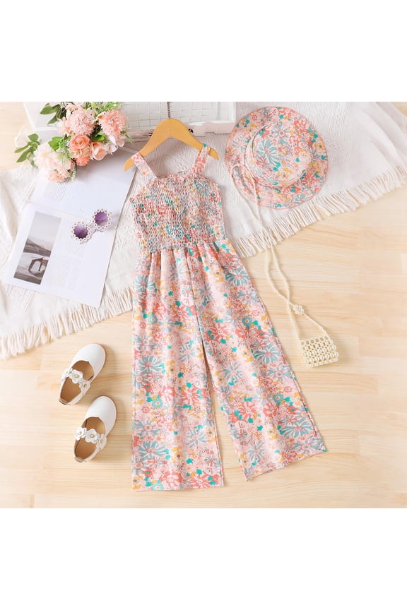 Toddler Girls Romper Striped Sleeve Less Summer Casual Jumpsuit Suspender Wide Leg Pants Round Neck Waisted Pants with Hat for Girls 2-7 Y